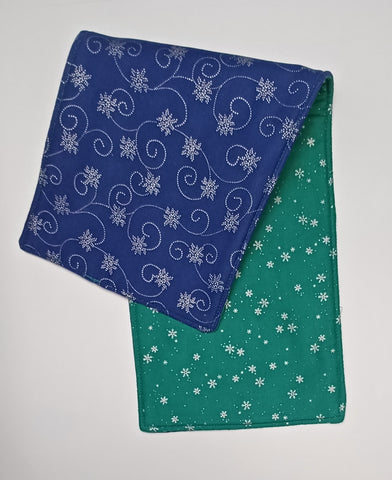 Padded Toilet Tank Cover - Blue Silver Snowflakes With Swirls And Green Silver Snowflakes (Winter)