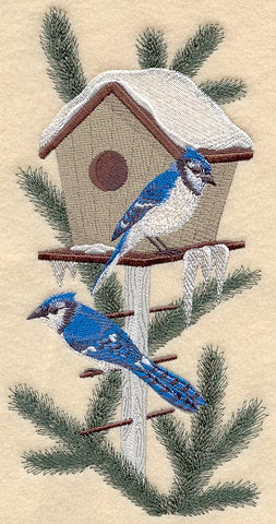 Winter Birdhouse with Blue Jays